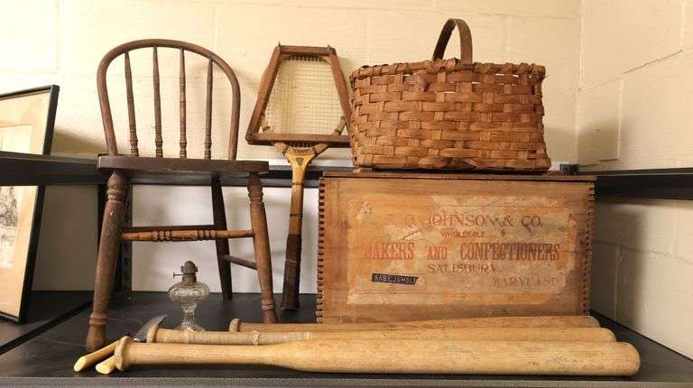 Vintage Wooden Baseball Bats, Salisbury MD Bakery Crate, Chair, Oil Lamp, Basket
