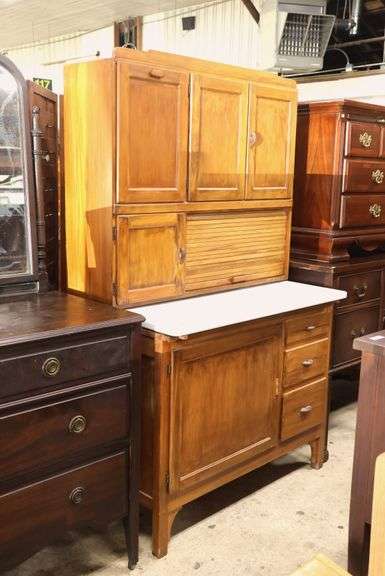 Hoosier Type Stained Kitchen Cabinet with Porcelain Top, Missing Pull on Door