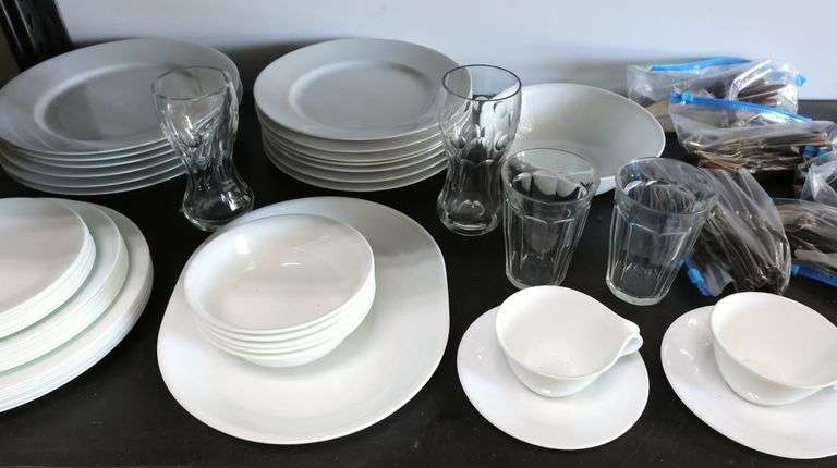 Lot of Corelle Dishes, Brass Colored Flatware & Cups