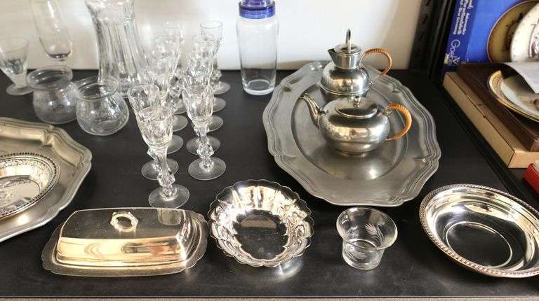 Lot of Crystal Stemware & Cordial Glasses, Liquor Decanter, Silver Plate / Metal Cream & Sugar Etc.