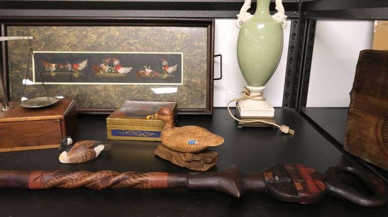 Wine Bottle Corker, Table Scales, Carved Wood Walking Stick, Rooster Tray, Ceramic Table Lamps