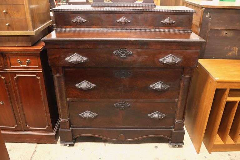 Empire Walnut Chest of Drawers with Mirror and Ripple Molding, Veneer Chips