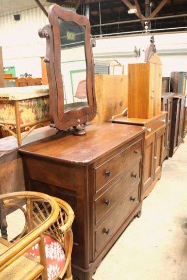 Empire Mahogany Chest of Drawers with Ripple Molding and Mirror, Veneer Chips