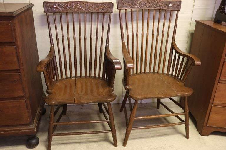 Near Pair Antique Golden Oak Carved Armchairs, Splits to Seats