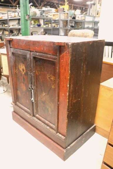 Asian Red Lacquer Floral Decorated Cupboard