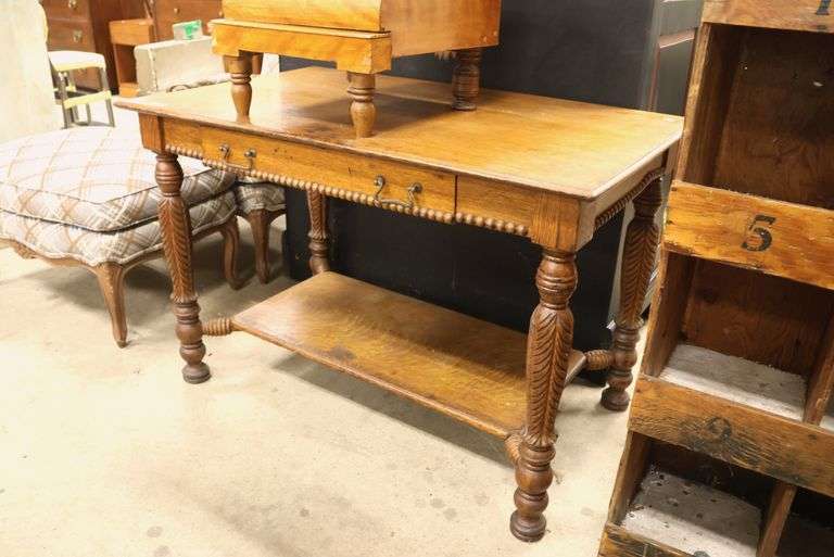 Antique Golden Oak Library Table Desk, Marks on Top