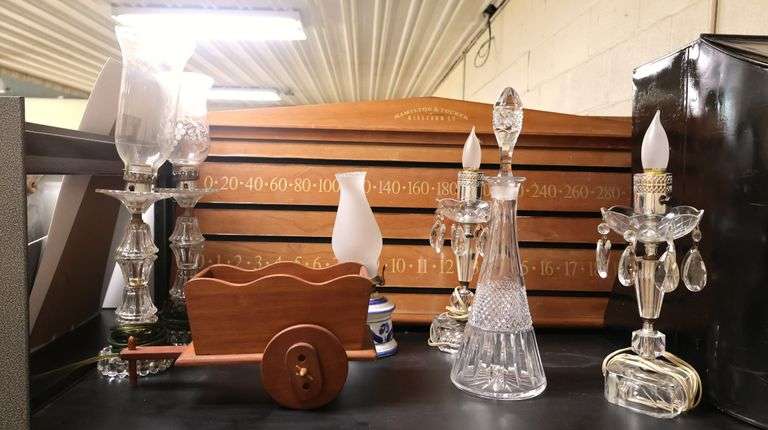 Vintage Glass Table Lamps, Liquor Decanter, Painted Coal Bin, Billiard Scoreboard Etc.