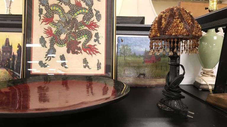 Lot Live Edge Carved Wood Basket, Charger, Lamp with Beaded Shade, Prints & Painting