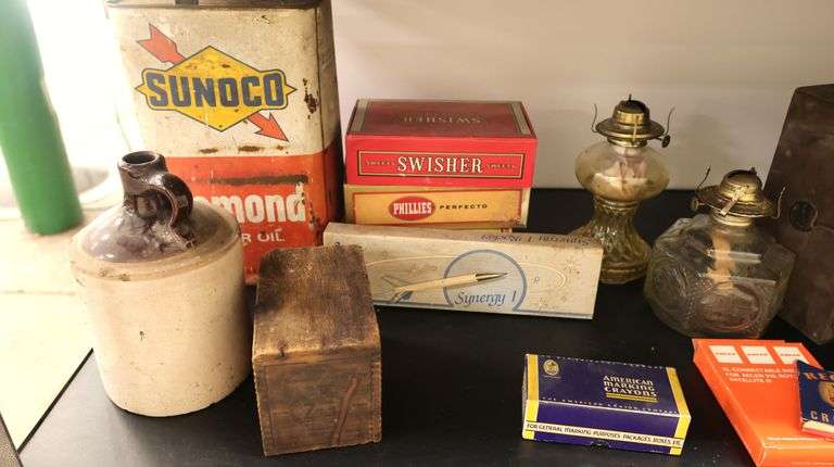 Lot of Vintage Vintage Oil Lamps, Stoneware Whiskey Jug, Light in Box, Cigar Boxes Etc.