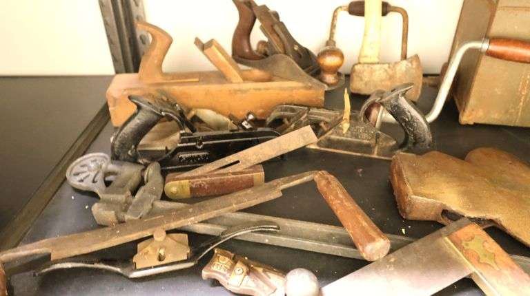 Lot of Vintage Hand Tools, Wood Plates, Drills, Squares, Tool Box Etc.