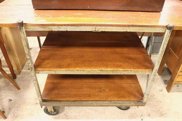 Antique Industrial Pine and Metal Factory Work Cart, Perfect For a Kitchen Island