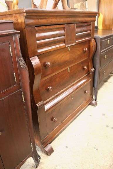 Empire Figured Walnut and Mixed Woods Chest of Drawers, Veneer Chips