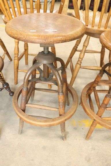 (3) Antique Golden Oak and Metal Industrial Factory Stools