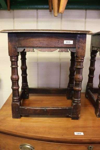 Pair English Mannerist Style Oak Joint Stools, Losses