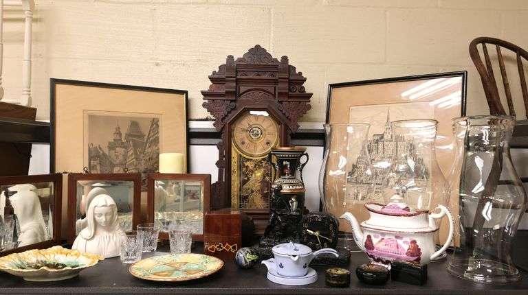Lot Vintage Framed Prints, Antique Shelf Clock, Folding Shaving Mirror, Majolica Dishes
