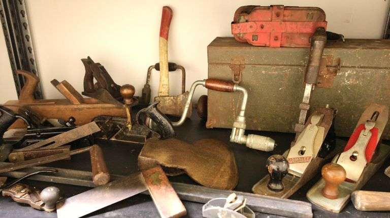 Lot of Vintage Hand Tools, Wood Plates, Drills, Squares, Tool Box Etc.