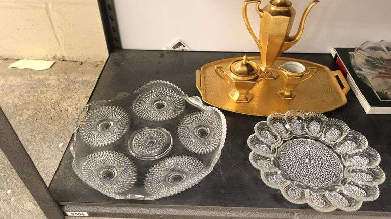 Vintage Clear Pattern Glass Serving / Egg Dishes, French Gilt Cream, Teapot, Sugar & Tray
