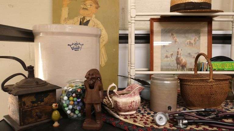 Lot Antique Coffee Grinder, Stoneware Crocks, Carved Wood Nutcracker, Marbles, Framed Art Etc.
