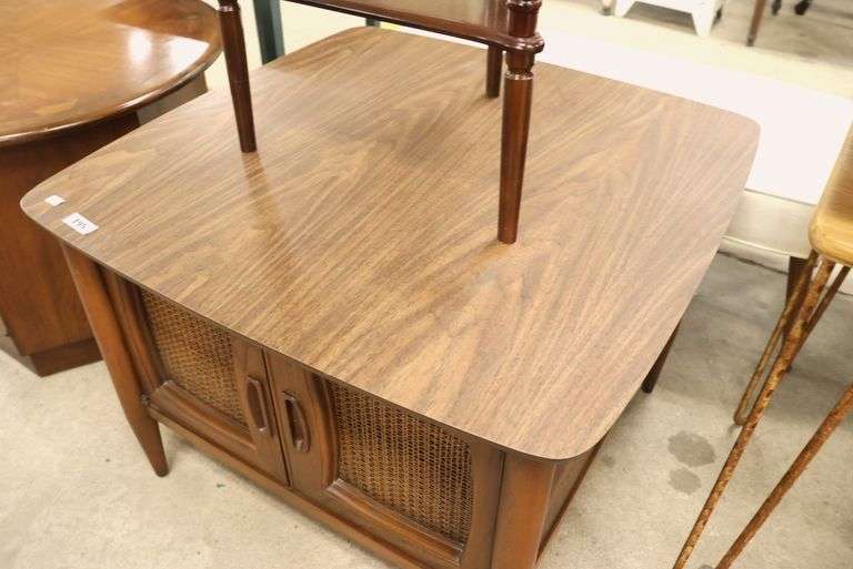MCM Walnut and Laminate End Table with Caned Doors