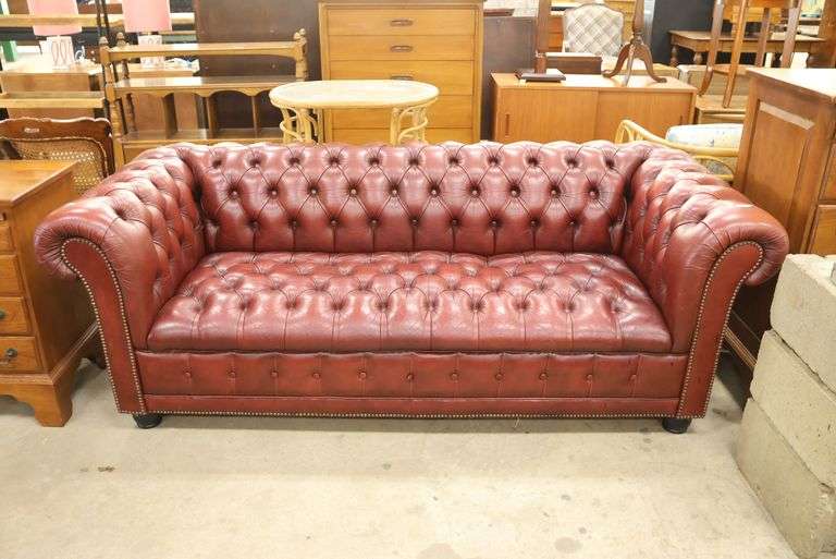 MCM Button Tufted Red Naugahyde Maroon Chesterfield Sofa