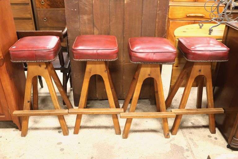 (4) MCM Walnut Bar Stools with Tacked Red Vinyl Seats, Minor Imperfections
