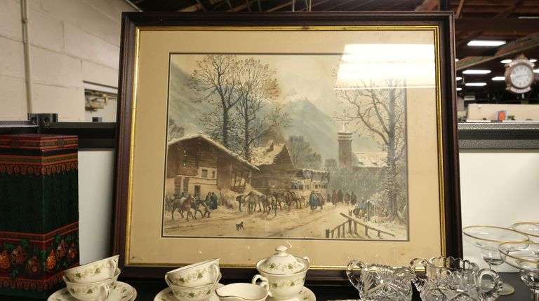 Lot of Pickard China Teacups, Porcelain Dishes, Framed Print & Gold Rim Stemware