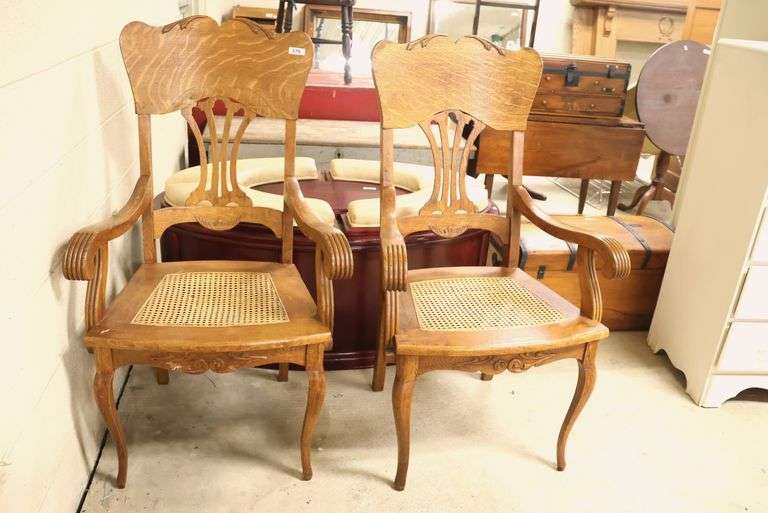 Pair Antique Golden Oak Cane Seat Armchairs, As-Is