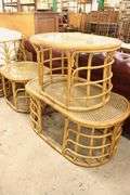 3pc MCM Rattan and Cane Glass Top Table Set