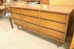 Bassett MCM Walnut and Laminate Nine Drawer Dresser with Mirror