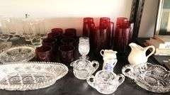 Lot of Vintage Glassware & China Dishes, Ruby Red Glasses, Mary Gregory Style Painted Cups Etc.