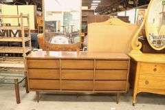 Bassett MCM Walnut and Laminate Nine Drawer Dresser with Mirror