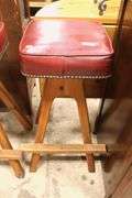 (4) MCM Walnut Bar Stools with Tacked Red Vinyl Seats, Minor Imperfections