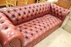MCM Button Tufted Red Naugahyde Maroon Chesterfield Sofa