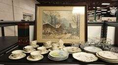 Lot of Pickard China Teacups, Porcelain Dishes, Framed Print & Gold Rim Stemware