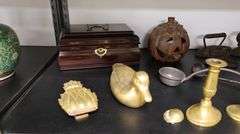 Lot Brass Candlesticks, Duck & Pineapple Door Knocker,, Oil Lamps & Candle Holders Etc.
