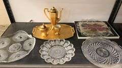 Vintage Clear Pattern Glass Serving / Egg Dishes, French Gilt Cream, Teapot, Sugar & Tray