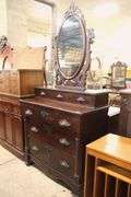 Empire Walnut Chest of Drawers with Mirror and Ripple Molding, Veneer Chips