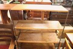 Antique Golden Oak and Metal Factory Shelving Rack