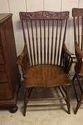Near Pair Antique Golden Oak Carved Armchairs, Splits to Seats