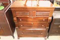 Empire Figured Walnut and Mixed Woods Chest of Drawers, Veneer Chips