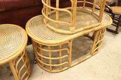 3pc MCM Rattan and Cane Glass Top Table Set