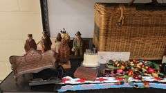 Lot of Wood Carved Beads, Vintage Ladies Compacts, Woven Basket, Carved Figures Etc.