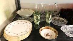 Lot of Vintage Glassware & China Dishes, Ruby Red Glasses, Mary Gregory Style Painted Cups Etc.