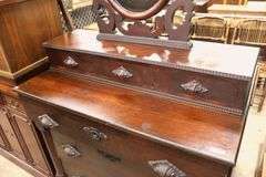 Empire Walnut Chest of Drawers with Mirror and Ripple Molding, Veneer Chips
