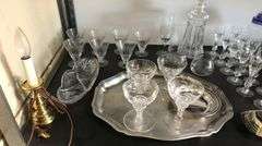 Lot of Crystal Stemware & Cordial Glasses, Liquor Decanter, Silver Plate / Metal Cream & Sugar Etc.