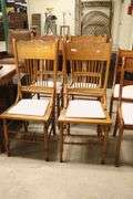 (4) Antique Golden Oak Pressed Back Chairs