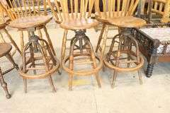 (3) Antique Golden Oak and Metal Industrial Factory Stools