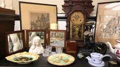 Lot Vintage Framed Prints, Antique Shelf Clock, Folding Shaving Mirror, Majolica Dishes