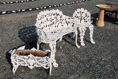 *NO STORAGE* Cast Iron Bench, Chair and Planter