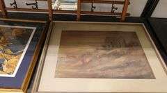 Lot Framed Watercolor Painting & Print, Antique Coat / Hat Rack
